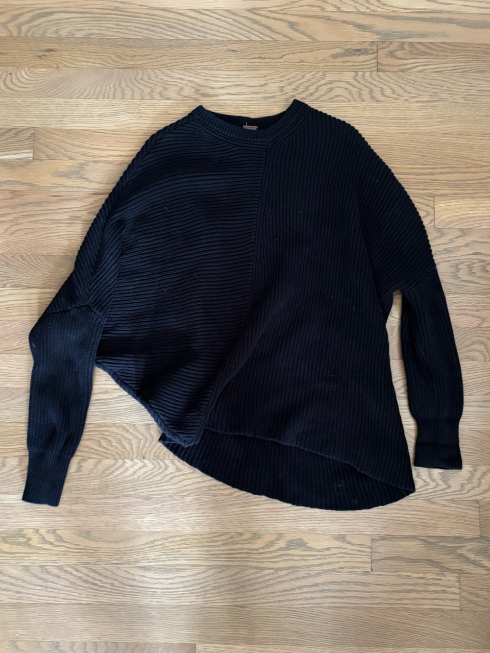 Free People Black Asymmetric Ribbed Crewneck Sweater